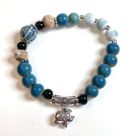 Blue Beaded Bracelet with Elephant Charm - Picture 2 of 6